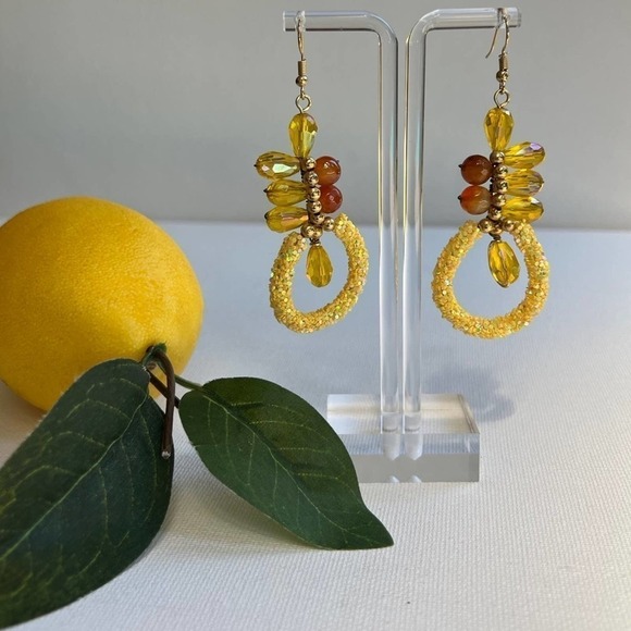 Lemon Drop Amber and Gold Beaded Sparkly Dangle Earrings - Picture 3 of 7
